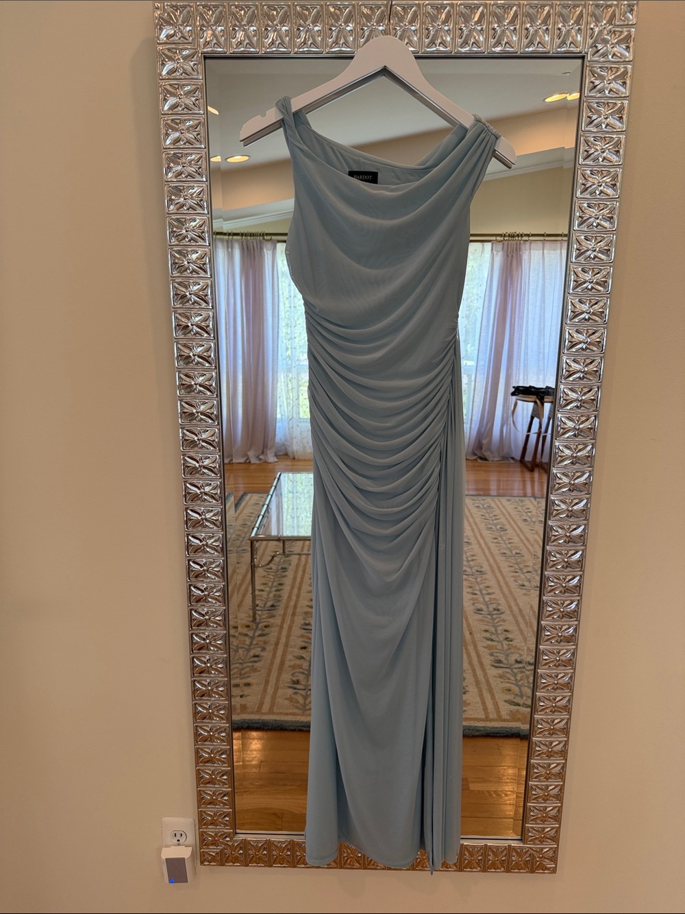 Bardot One-Shoulder Draped Gown in Pale Blue 🩵